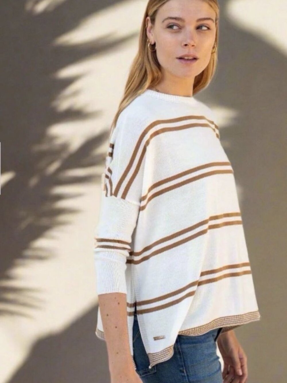 Mersea Women’s Tan And White Striped Catalina Sweater One Size Petite 3/4 Sleeve